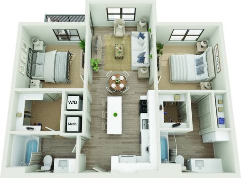 Floor plan for 2 beds, 2 baths, 993 sqft